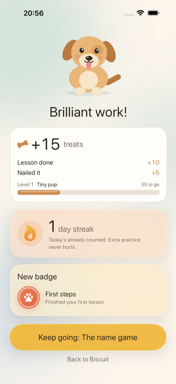 A lesson celebration with treats and streak
